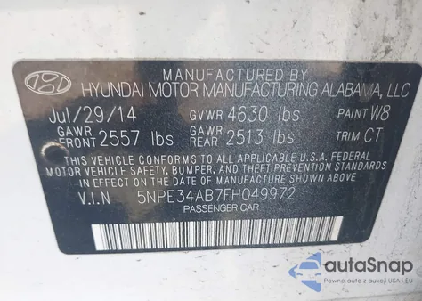 2015 Hyundai Sonata Sport 2.0T из США, поврежденный, VIN 5NPE34AB7FH049972